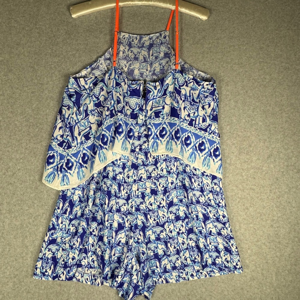 Lilly Pulitzer Blue White Elephant Print Popover Romper Orange Straps Sz M